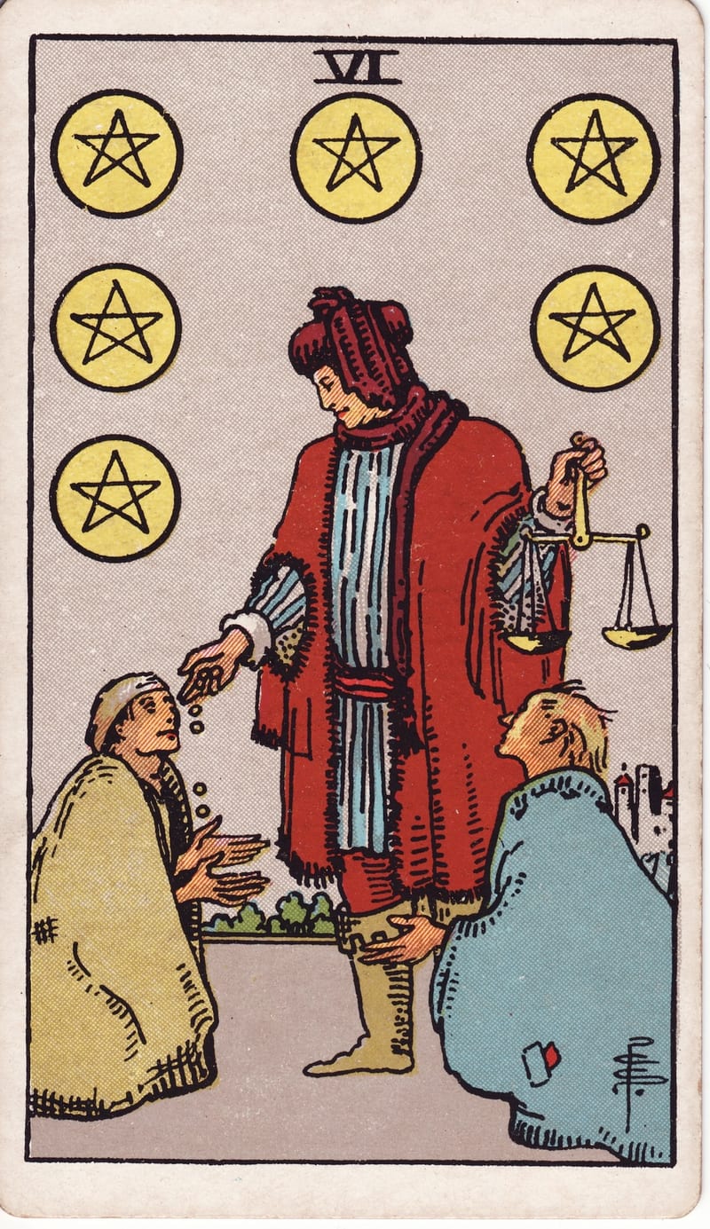 Six of Pentacles, a Minor Arcana card in the Rider-Waite-Smith tarot deck