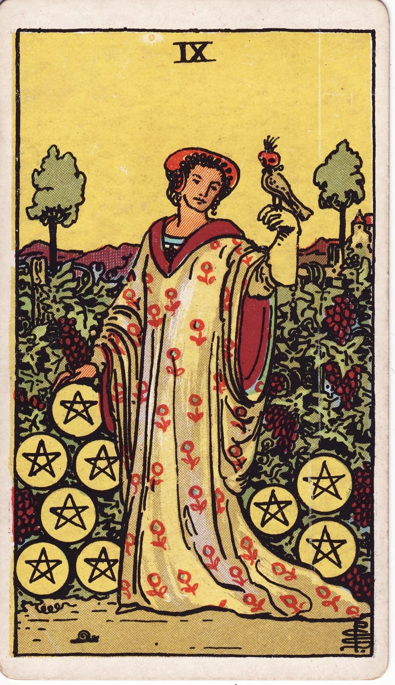 Nine of Pentacles, a Minor Arcana card in the Rider-Waite-Smith tarot deck