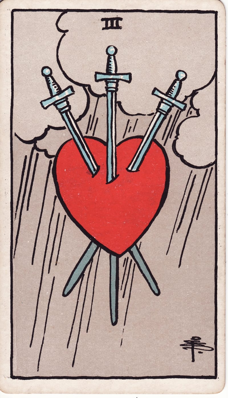 Three of Swords, a Minor Arcana card in the Rider-Waite-Smith tarot deck