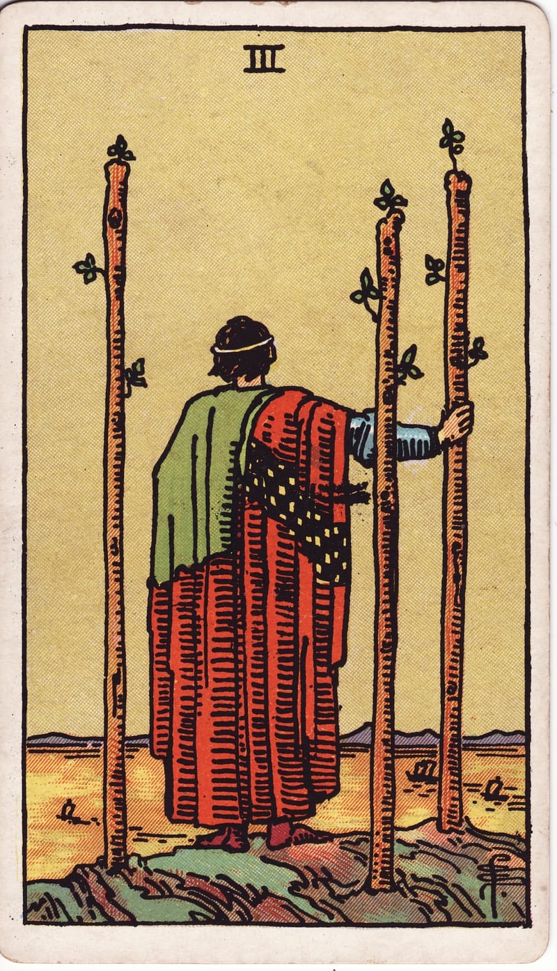 Three of Wands, a Minor Arcana card in the Rider-Waite-Smith tarot deck