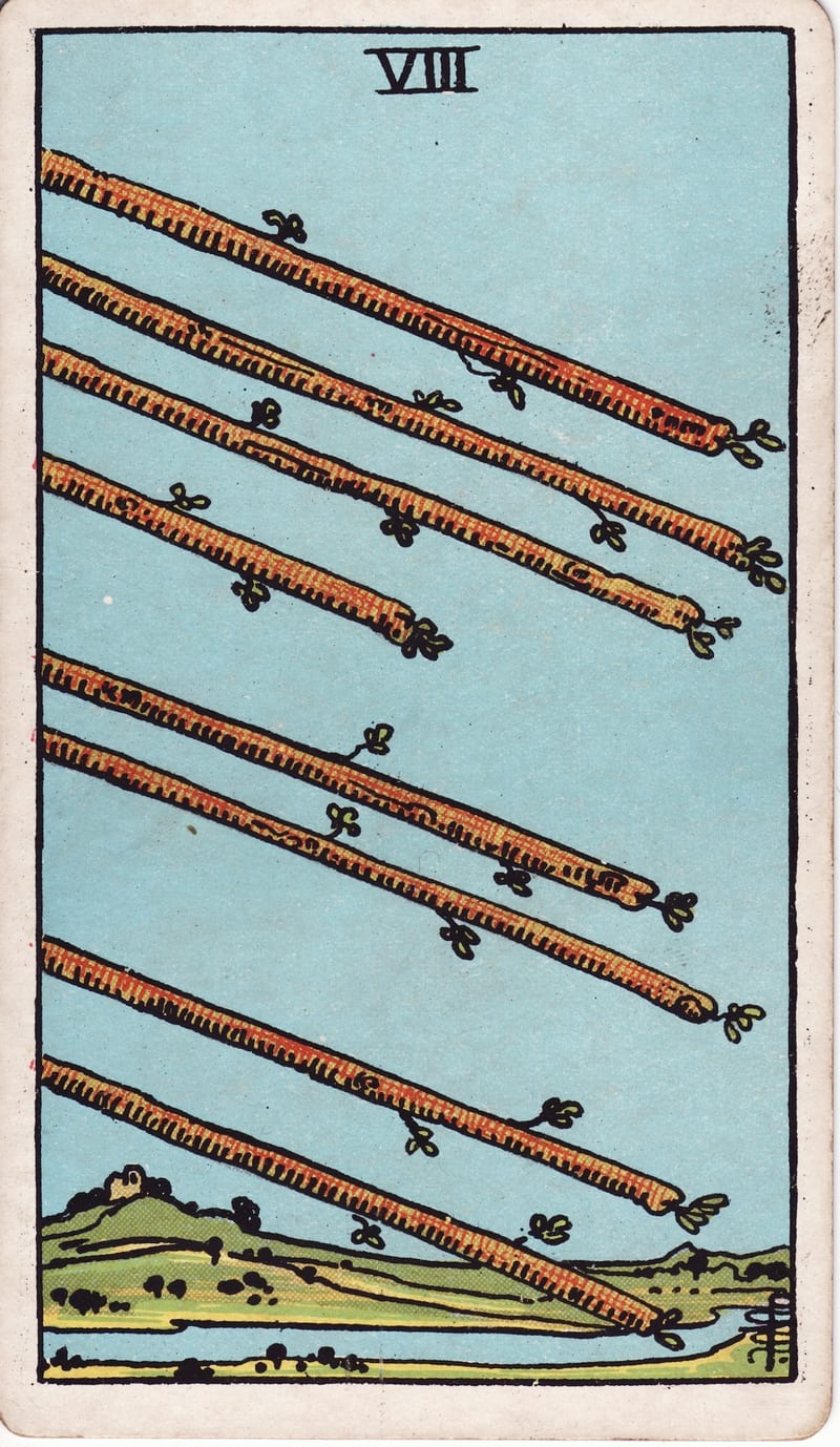 Eight of Wands, a Minor Arcana card in the Rider-Waite-Smith tarot deck