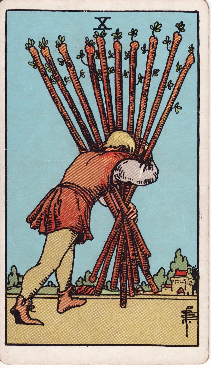 Ten of Wands, a Minor Arcana card in the Rider-Waite-Smith tarot deck